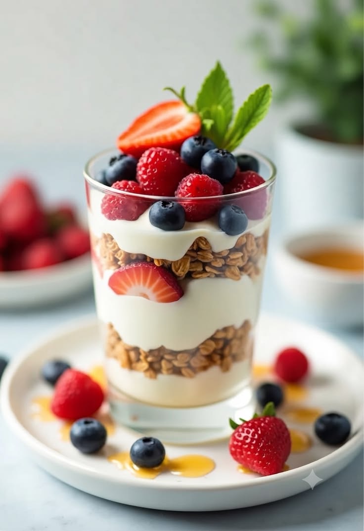 A glass parfait layered with yogurt, granola, strawberries, blueberries and mint